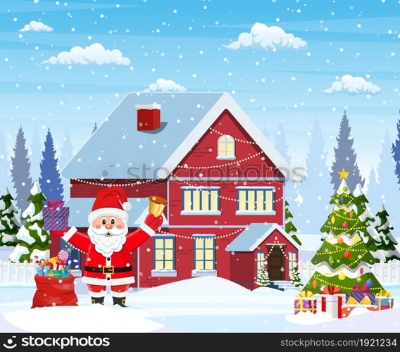 A house in a snowy Christmas landscape. christmas tree and Santa Claus with gift bag. concept for greeting or postal card. Merry christmas holiday. New year and xmas celebration. .. house in snowy Christmas landscape