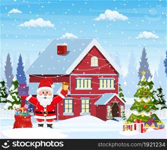 A house in a snowy Christmas landscape. christmas tree and Santa Claus with gift bag. concept for greeting or postal card. Merry christmas holiday. New year and xmas celebration. .. house in snowy Christmas landscape