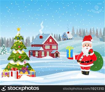 A house in a snowy Christmas landscape. christmas tree and Santa Claus with gift bag. concept for greeting or postal card. Merry christmas holiday. New year and xmas celebration.. house in snowy Christmas landscape