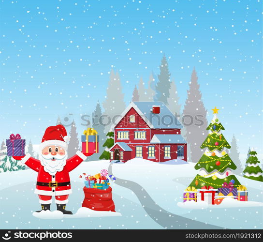 A house in a snowy Christmas landscape. christmas tree and Santa Claus with gift bag. concept for greeting or postal card. Merry christmas holiday. New year and xmas celebration.. house in snowy Christmas landscape