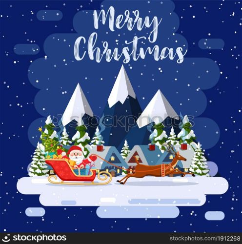 A house in a snowy Christmas landscape. Santa Claus flying on a sleigh. concept for greeting or postal card. Merry christmas holiday. New year and xmas celebration. house in snowy Christmas landscape