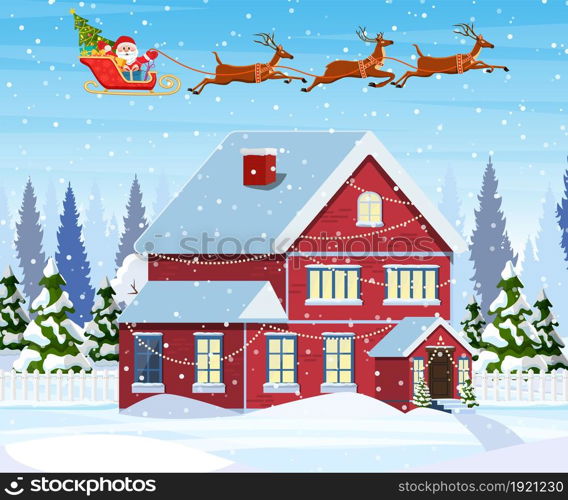 A house in a snowy Christmas landscape. Santa Claus flying on a sleigh. concept for greeting or postal card. Merry christmas holiday. New year and xmas celebration. house in snowy Christmas landscape