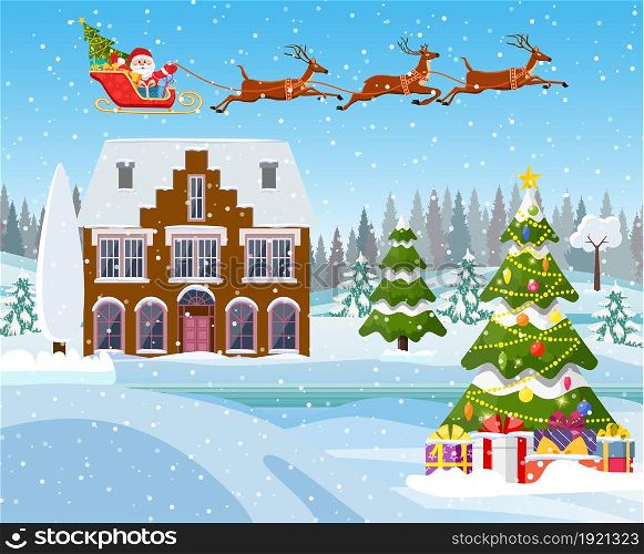 A house in a snowy Christmas landscape. Santa Claus flying on a sleigh. concept for greeting or postal card. Merry christmas holiday. New year and xmas celebration. house in snowy Christmas landscape