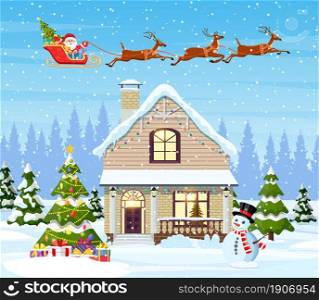 A house in a snowy Christmas landscape. Santa Claus on a sleigh. concept for greeting or postal card. Merry christmas holiday. New year and xmas celebration. house in snowy Christmas landscape