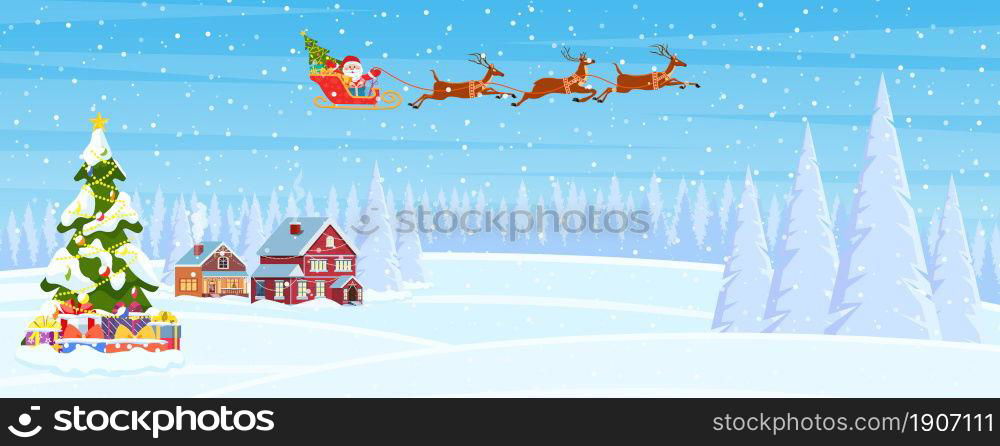 A house in a snowy Christmas landscape. Santa Claus on a sleigh. concept for greeting or postal card. Merry christmas holiday. New year and xmas celebration. house in snowy Christmas landscape