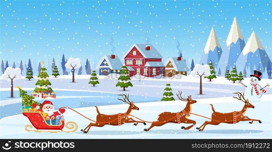 A house in a snowy Christmas landscape. Santa Claus on a sleigh. concept for greeting or postal card. Merry christmas holiday. New year and xmas celebration. house in snowy Christmas landscape