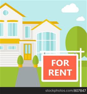 A house with for rent placard. Vector flat design illustration. Square layout.. The house for rent.