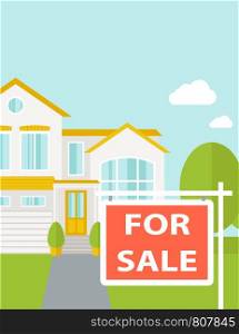 A house with for sale placard. Vector flat design illustration. Vertical layout with text space on top part.. The house on sale.