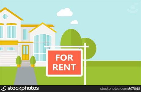 A house with for sale placard. Vector flat design illustration. Horizontal layout with text space in right side.. The house on sale.