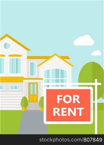 A house with for sale placard. Vector flat design illustration. Vertical layout with text space on top part.. The house on sale.