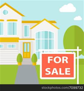A house with for sale placard. Vector flat design illustration. Square layout.. The house on sale.