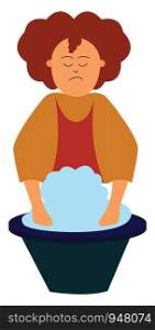 A household women washing dishes in a bowl of foam water , vector, color drawing or illustration.