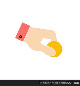 A human hand hold a coin. Hand gives a gold coin. Pink shirt lapel with black button. Issuing a loan, salary, alms, charity sign. Flat vector illustration isolated on white background.. A human hand hold a coin. Flat vector illustration isolated on white