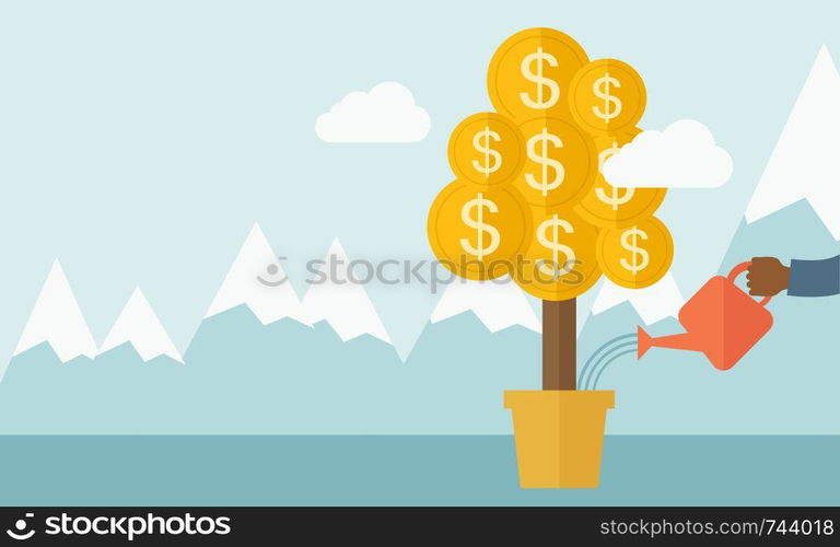 A human hand holding a can watering the money tree to grow bigger. Hardworking concept. A contemporary style with pastel palette soft blue tinted background with desaturated clouds. Vector flat design illustration. Horizontal layout. Human hand watering the money tree.