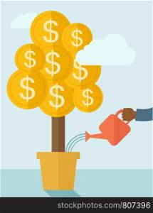 A human hand holding a can watering the money tree to grow bigger. Hardworking concept. A contemporary style with pastel palette soft blue tinted background with desaturated clouds. Vector flat design illustration. Vertical layout.. Human hand watering the money tree.