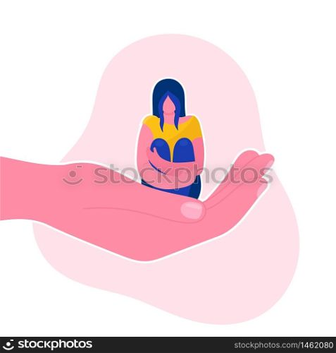 A human hand holds a sad little woman.Psychological support, help, psychotherapy.Emotional problem.Concept.Flat vector illustration