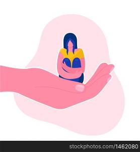 A human hand holds a sad little woman.Psychological support, help, psychotherapy.Emotional problem.Concept.Flat vector illustration