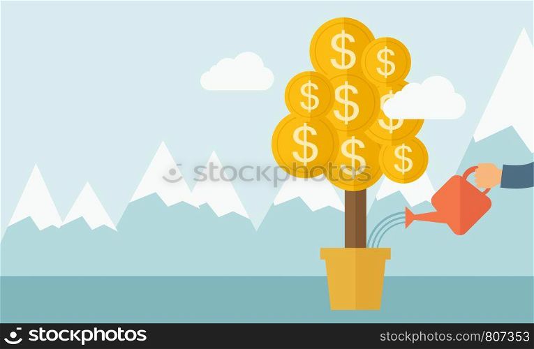 A human hand watering money dollar coin tree to grow bigger. Hardworking concept. A contemporary style with pastel palette soft blue tinted background with desaturated clouds. Vector flat design illustration. Horizontal layout.. Growing money plant.