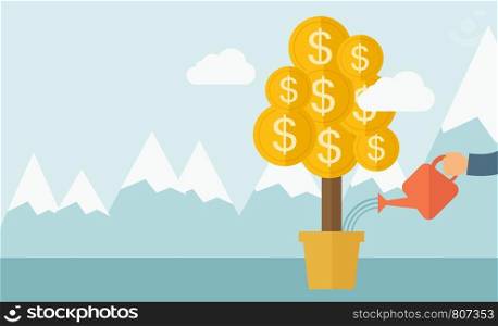 A human hand watering money dollar coin tree to grow bigger. Hardworking concept. A contemporary style with pastel palette soft blue tinted background with desaturated clouds. Vector flat design illustration. Horizontal layout.. Growing money plant.
