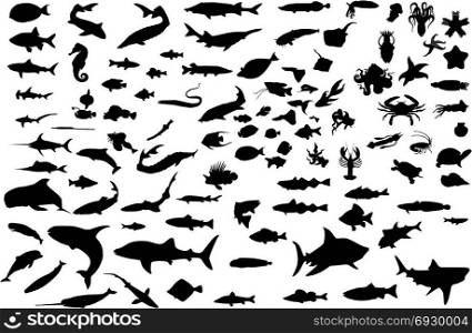 A hundred silhouettes of fish and sea animals