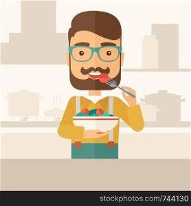 A hungry man eating meal with his fork and by carrying the bowl. Craving concept. A Contemporary style with pastel palette, soft beige tinted background. Vector flat design illustration. Square layout.. Hungry man eating.