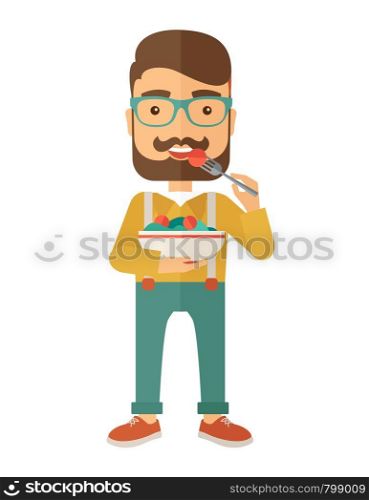 A hungry man eating meal with his fork and by carrying the bowl. Craving concept. A Contemporary style. Vector flat design illustration isolated white background. Vertical layout.. Hungry man eating.