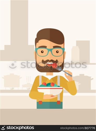 A hungry man eating meal with his fork and by carrying the bowl. Craving concept. A Contemporary style with pastel palette, soft beige tinted background. Vector flat design illustration. Vertical layout with text space on top part.. Hungry man eating.
