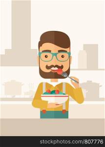 A hungry man eating meal with his fork and by carrying the bowl. Craving concept. A Contemporary style with pastel palette, soft beige tinted background. Vector flat design illustration. Vertical layout with text space on top part.. Hungry man eating.