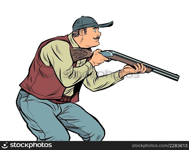 A hunter with a gun sneaks up, a man is a hobby in nature. Shooting. Pop Art Retro Vector Illustration 50s 60s Vintage kitsch style. A hunter with a gun sneaks up, a man is a hobby in nature. Shooting