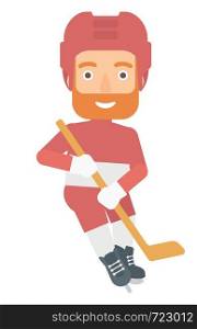 A ice-hockey player skating vector flat design illustration isolated on white background.. Ice-hockey male player.
