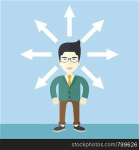A japanese businessman being confused with too many directions, presenting with arrows, to make decision. A Contemporary style with pastel palette, soft blue tinted background. Vector flat design illustration. Square layout. . Guy with too many arrows