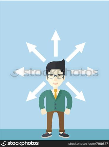 A japanese businessman being confused with too many directions, presenting with arrows, to make decision. A Contemporary style with pastel palette, soft blue tinted background. Vector flat design illustration. Vertical layout with text space on top part.. Guy with too many arrows