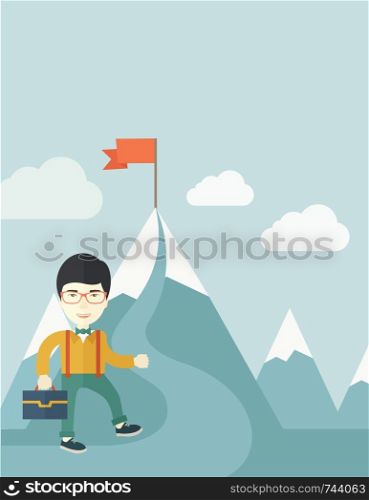 A japanese businessman holding his bag will climb up to top of the mountain to achieve success by holding the red flag. Willingness, leadership concept. A Contemporary style with pastel palette, soft blue tinted background with desaturated clouds. Vector flat design illustration. Vertical layout with text space on top part. . Japanese businessman holding his bag.