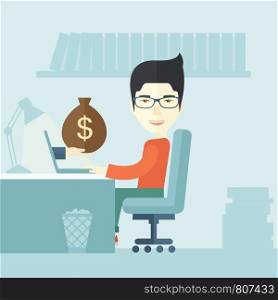 A Japanese Businessman sitting infront of his table working at a laptop searching and browsing with bag of money on hand inside the office. Business concept. A contemporary style with pastel palette soft blue tinted background. Vector flat design illustration. Square layout. . Japanese businessman with his laptop.