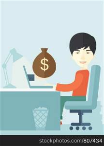 A Japanese Businessman sitting infront of his table working at a laptop searching and browsing with bag of money on hand inside the office. Business concept. A contemporary style with pastel palette soft blue tinted background. Vector flat design illustration. Vertical layout with text space on top part. . Japanese businessman with his laptop.