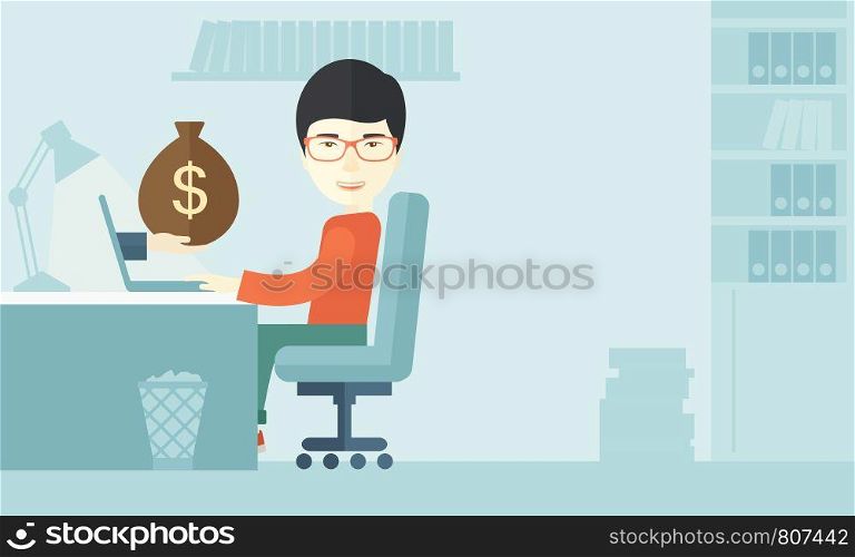 A Japanese Businessman sitting infront of his table working at a laptop searching and browsing with bag of money on hand inside the office. Business concept. A contemporary style with pastel palette soft blue tinted background. Vector flat design illustration. Horizontal layout. . Japanese businessman with his laptop.