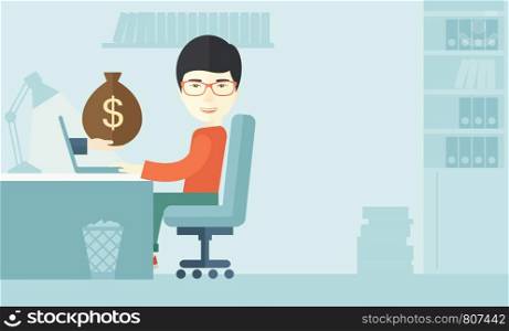 A Japanese Businessman sitting infront of his table working at a laptop searching and browsing with bag of money on hand inside the office. Business concept. A contemporary style with pastel palette soft blue tinted background. Vector flat design illustration. Horizontal layout. . Japanese businessman with his laptop.