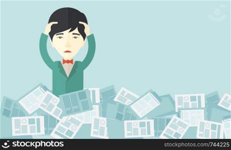 A japanese employee has a lot to do work with those papers around him and having a problem on how to meet the deadline of his report. Disappointment Concept. A contemporary style with pastel palette soft blue tinted background. Vector flat design illustration. Horizontal layout with text space on upper right side. Japanese guy with paper works around him.