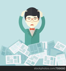 A japanese employee has a lot to do work with those papers around him and having a problem on how to meet the deadline of his report. Disappointment Concept. A contemporary style with pastel palette soft blue tinted background. Vector flat design illustration. Square layout.. Japanese guy with paper works around him.