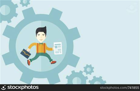 A japanese guy running while carrying a bag and paper as his business proposal inside the big gear. Business concept. A contemporary style with pastel palette soft blue tinted background. Vector flat design illustration. Horizontal layout with text space in right side.. Man carrying a bag and paper as his business proposal inside the big gear.