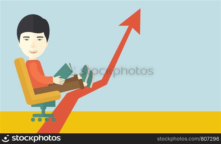 A japanese guy sitting, relaxing in increasing business. Progress business concept. A Contemporary style with pastel palette, soft blue tinted background. Vector flat design illustration. Horizontal layout with text space in right side.. Japanese guy relaxing in growing business.