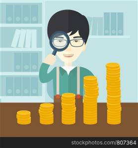 A japanese man looking his growing business in financial crisis concept. Economy and money, coin and success. A contemporary style with pastel palette soft blue tinted background. Vector flat design illustration. Square layout. Japanese man looking at his growing business using magnifying glass.