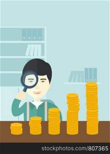 A japanese man looking his growing business in financial crisis concept. Economy and money, coin and success. A contemporary style with pastel palette soft blue tinted background. Vector flat design illustration. Vertical layout with text space on upper right side.. Japanese man looking at his growing business using magnifying glass.