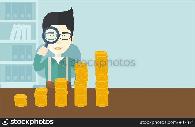 A japanese man looking his growing business in financial crisis concept. Economy and money, coin and success. A contemporary style with pastel palette soft blue tinted background. Vector flat design illustration. Horizontal layout with text space in right side.. Japanese man looking at his growing business using magnifying glass.