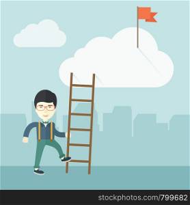 A japanese man standing while holding the career ladder to get the red flag in the cloud. Career, success concept. A contemporary style with pastel palette soft blue tinted background with desaturated clouds. Vector flat design illustration. Square layout.. Japanese man with career ladder.