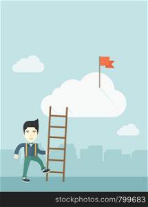 A japanese man standing while holding the career ladder to get the red flag in the cloud. Career, success concept. A contemporary style with pastel palette soft blue tinted background with desaturated clouds. Vector flat design illustration. Vertical layout.. Japanese man with career ladder.