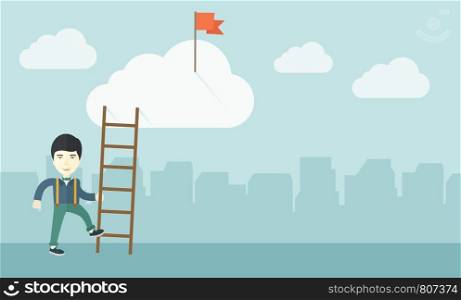 A japanese man standing while holding the career ladder to get the red flag in the cloud. Career, success concept. A contemporary style with pastel palette soft blue tinted background with desaturated clouds. Vector flat design illustration. Horizontal layout.. Japanese man with career ladder.