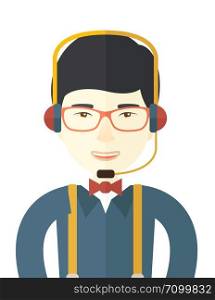 A japanese operator with headset as customer service. Call center concept. A contemporary style. Vector flat design illustration with isolated white background. Vertical layout. . Japanese operator with headset as customer service