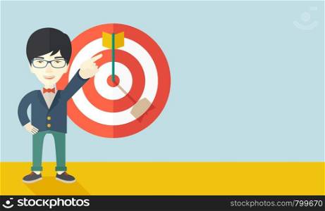 A japanese salesman happy standing while his hand pointing to the arrow from target pad shows that he hit his target sales. Business concept. A Contemporary style with pastel palette, soft blue tinted background. Vector flat design illustration. Horizontal layout with text space in right side. Japanese salesman hit the sales target.