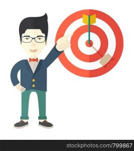 A japanese salesman happy standing while his hand pointing to the arrow from target pad shows that he hit his target sales. Business concept. A Contemporary style. Vector flat design illustration isolated white background. Square layout.. Japanese salesman hit the sales target.